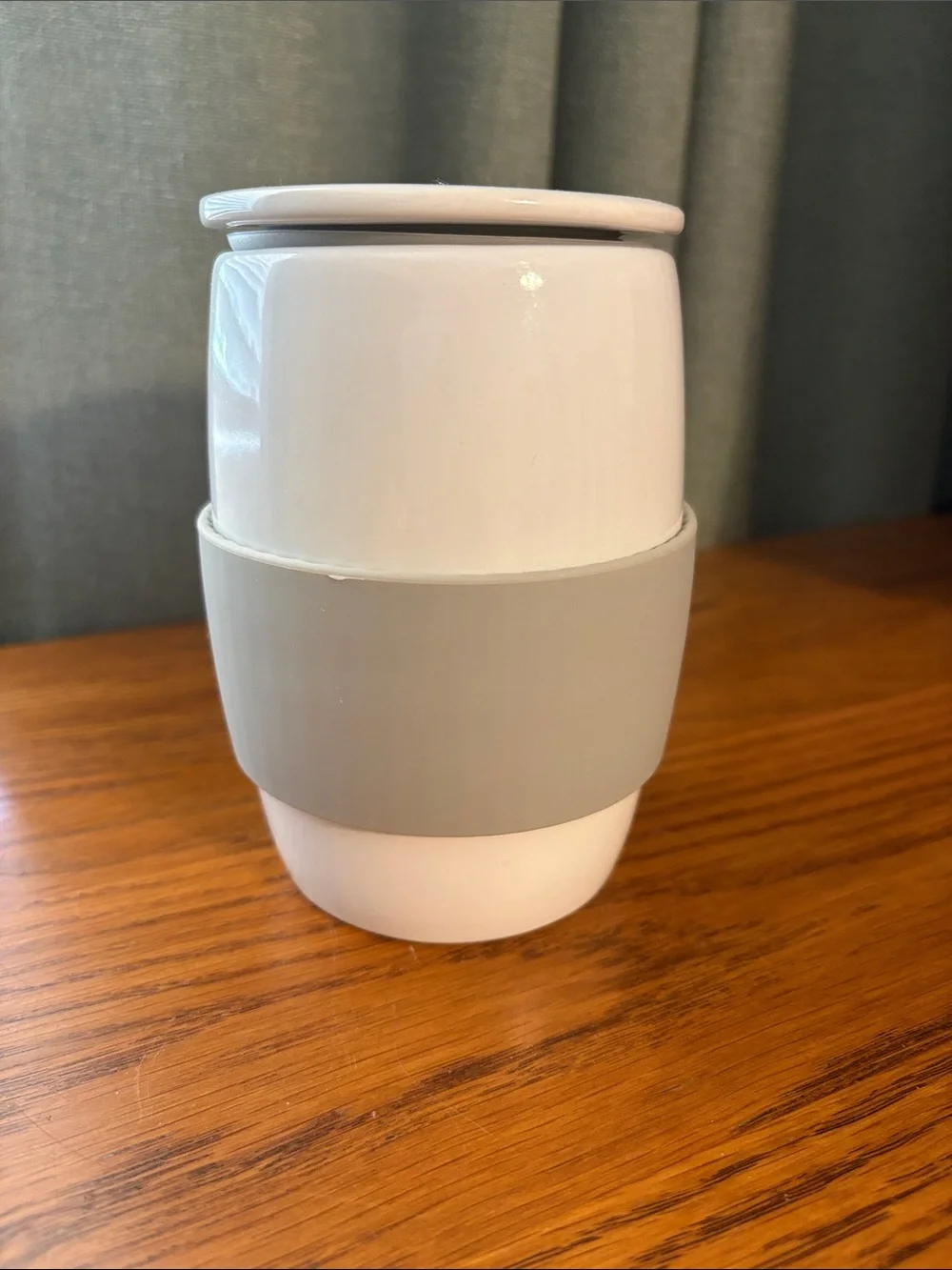 Pampered Chef White Ceramic Cup with Gray Silicone Grip